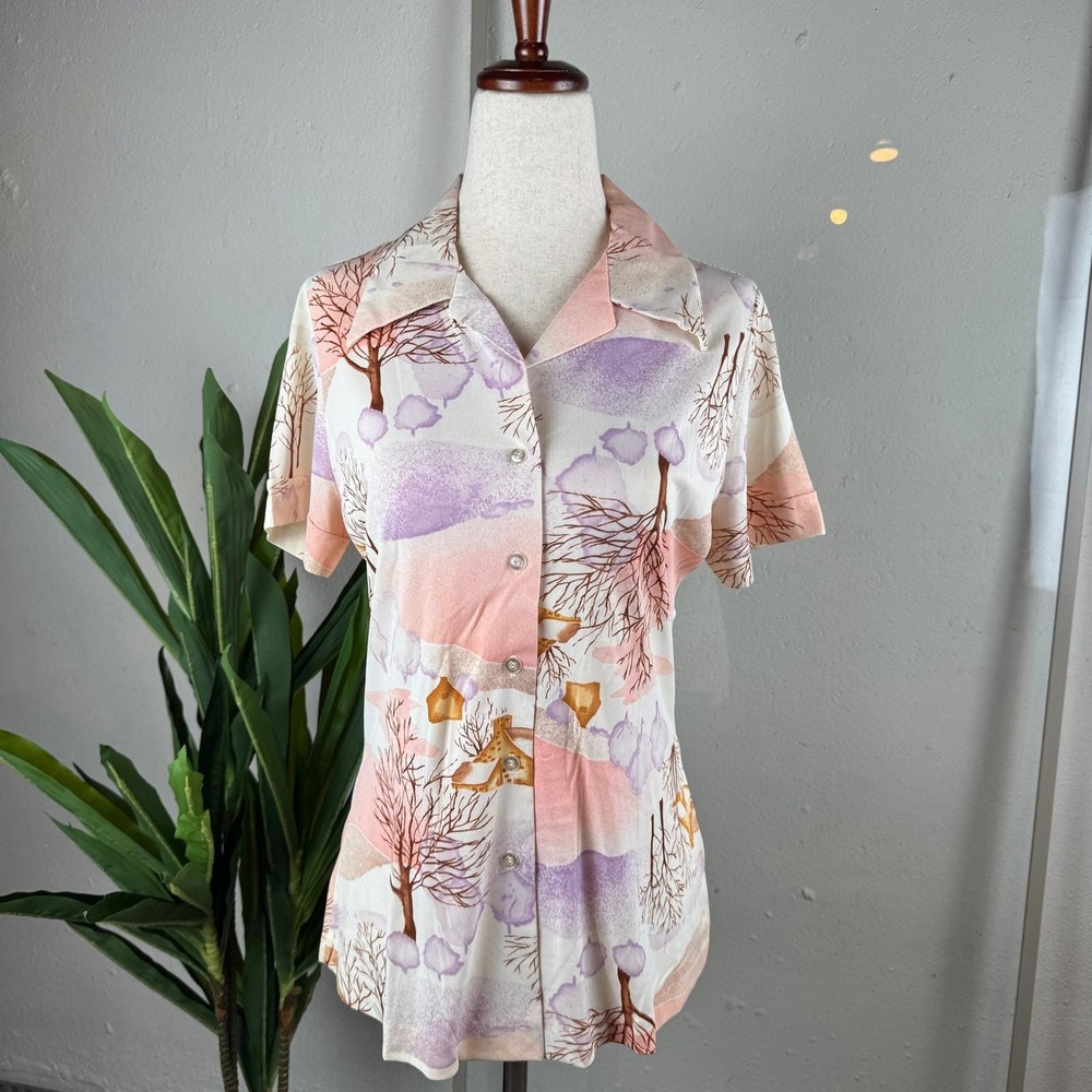 Judy Bond Blouse Women 16 Pastel Purple Peach Vintage Landscape Retro Print